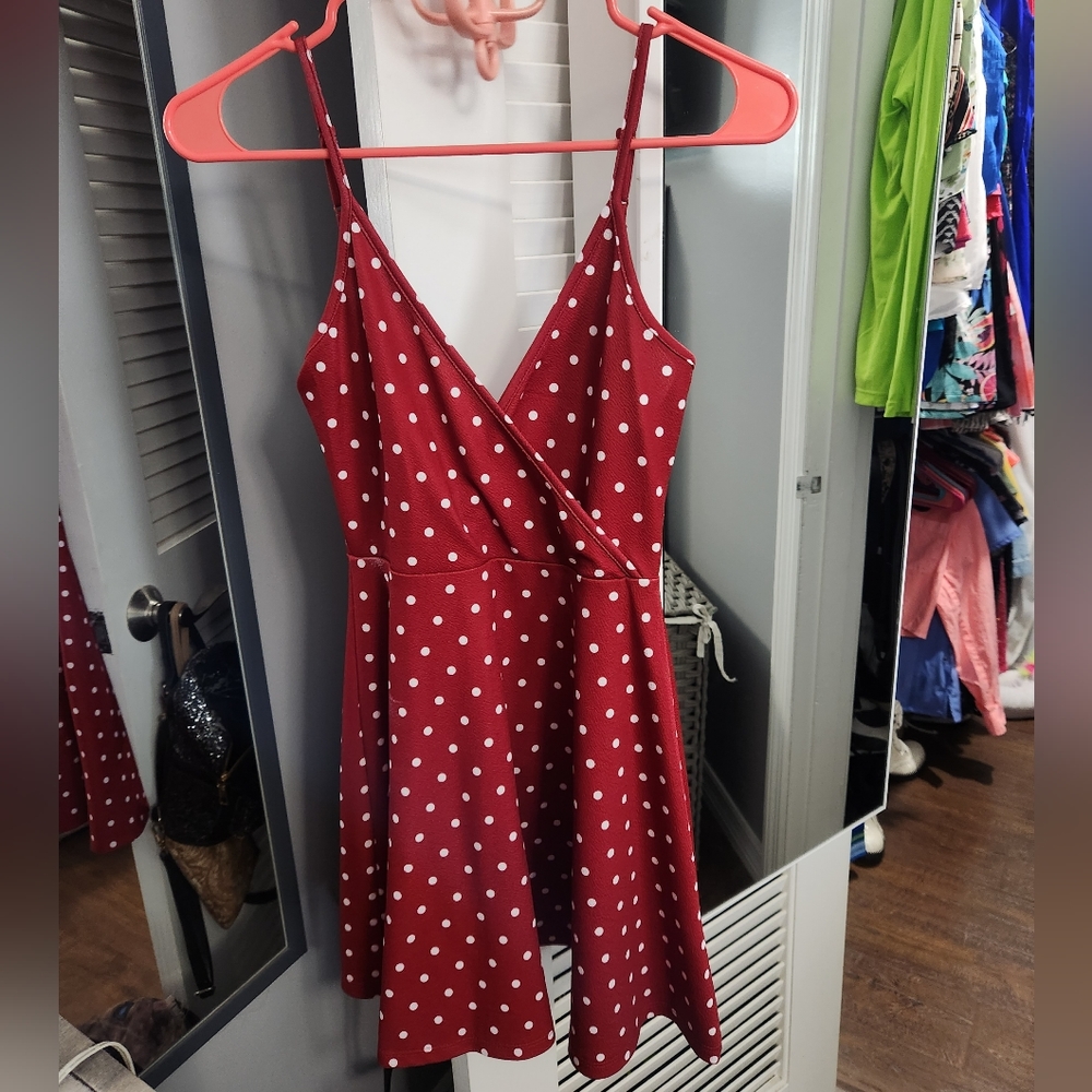 Burgundy polka-dot mini dress